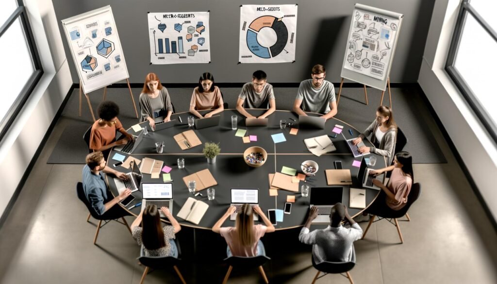 Modernes, aufgeräumtes Büro mit jungem, diversen Digital-Marketing-Team, das intensive Diagramme und Nutzerprofile an einem runden Tisch analysiert, umgeben von Technik, Post-Its und Whiteboards mit Datenströmen.