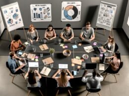 Modernes, aufgeräumtes Büro mit jungem, diversen Digital-Marketing-Team, das intensive Diagramme und Nutzerprofile an einem runden Tisch analysiert, umgeben von Technik, Post-Its und Whiteboards mit Datenströmen.