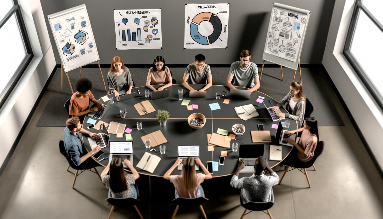 Modernes, aufgeräumtes Büro mit jungem, diversen Digital-Marketing-Team, das intensive Diagramme und Nutzerprofile an einem runden Tisch analysiert, umgeben von Technik, Post-Its und Whiteboards mit Datenströmen.