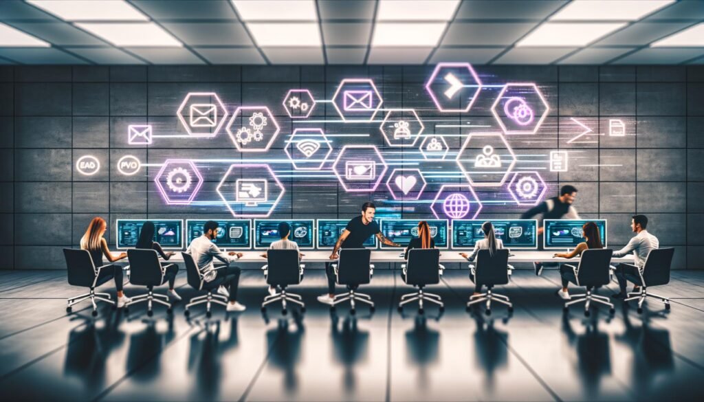 Futuristisches Büro mit diversen Digitalmarketer:innen, die um moderne Tische an einem digitalen Dashboard arbeiten. Streams von digitalen Inhalten bewegen sich dynamisch zwischen Geräten, mit Symbolen für Automation, SEO und Cloud-Lösungen im Hintergrund.