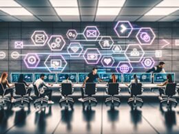 Futuristisches Büro mit diversen Digitalmarketer:innen, die um moderne Tische an einem digitalen Dashboard arbeiten. Streams von digitalen Inhalten bewegen sich dynamisch zwischen Geräten, mit Symbolen für Automation, SEO und Cloud-Lösungen im Hintergrund.