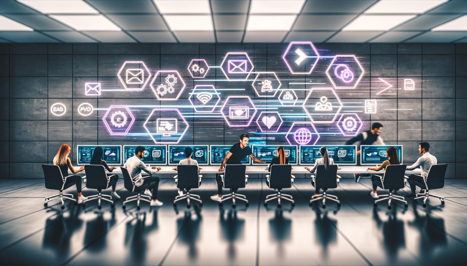 Futuristisches Büro mit diversen Digitalmarketer:innen, die um moderne Tische an einem digitalen Dashboard arbeiten. Streams von digitalen Inhalten bewegen sich dynamisch zwischen Geräten, mit Symbolen für Automation, SEO und Cloud-Lösungen im Hintergrund.