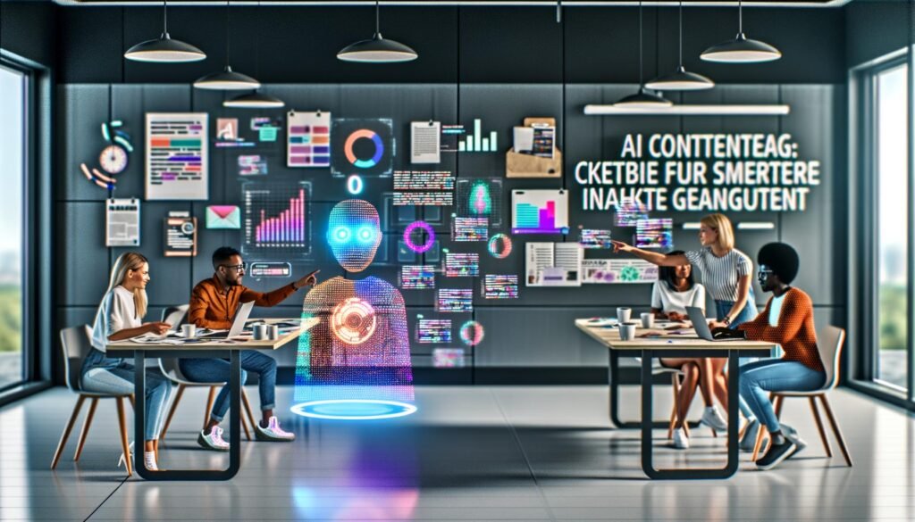 Futuristisches Büro mit diversen Kreativprofis, die mit einer holografischen KI-Assistentin über transparente Bildschirme, Mood-Boards und digitale Infografiken innovative Inhalte gestalten.