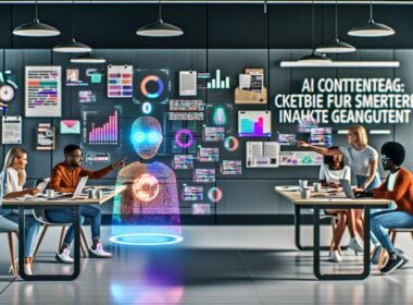 Futuristisches Büro mit diversen Kreativprofis, die mit einer holografischen KI-Assistentin über transparente Bildschirme, Mood-Boards und digitale Infografiken innovative Inhalte gestalten.