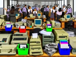 Gestresste Marketing-Mitarbeiter*innen in einem chaotischen Büro mit alten PCs, Papierstapeln, Disketten und veralteten Office-Tools