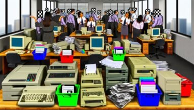 Gestresste Marketing-Mitarbeiter*innen in einem chaotischen Büro mit alten PCs, Papierstapeln, Disketten und veralteten Office-Tools