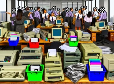 Gestresste Marketing-Mitarbeiter*innen in einem chaotischen Büro mit alten PCs, Papierstapeln, Disketten und veralteten Office-Tools