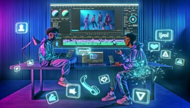 Junge Content Creator in trendiger Streetwear sitzen in einem futuristischen Workspace mit Laptops und Smartphones vor holographischen User-Interfaces, KI-gesteuerten Schnittprogrammen und schwebenden Social-Media-Icons.