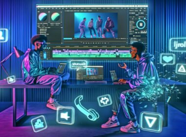 Junge Content Creator in trendiger Streetwear sitzen in einem futuristischen Workspace mit Laptops und Smartphones vor holographischen User-Interfaces, KI-gesteuerten Schnittprogrammen und schwebenden Social-Media-Icons.