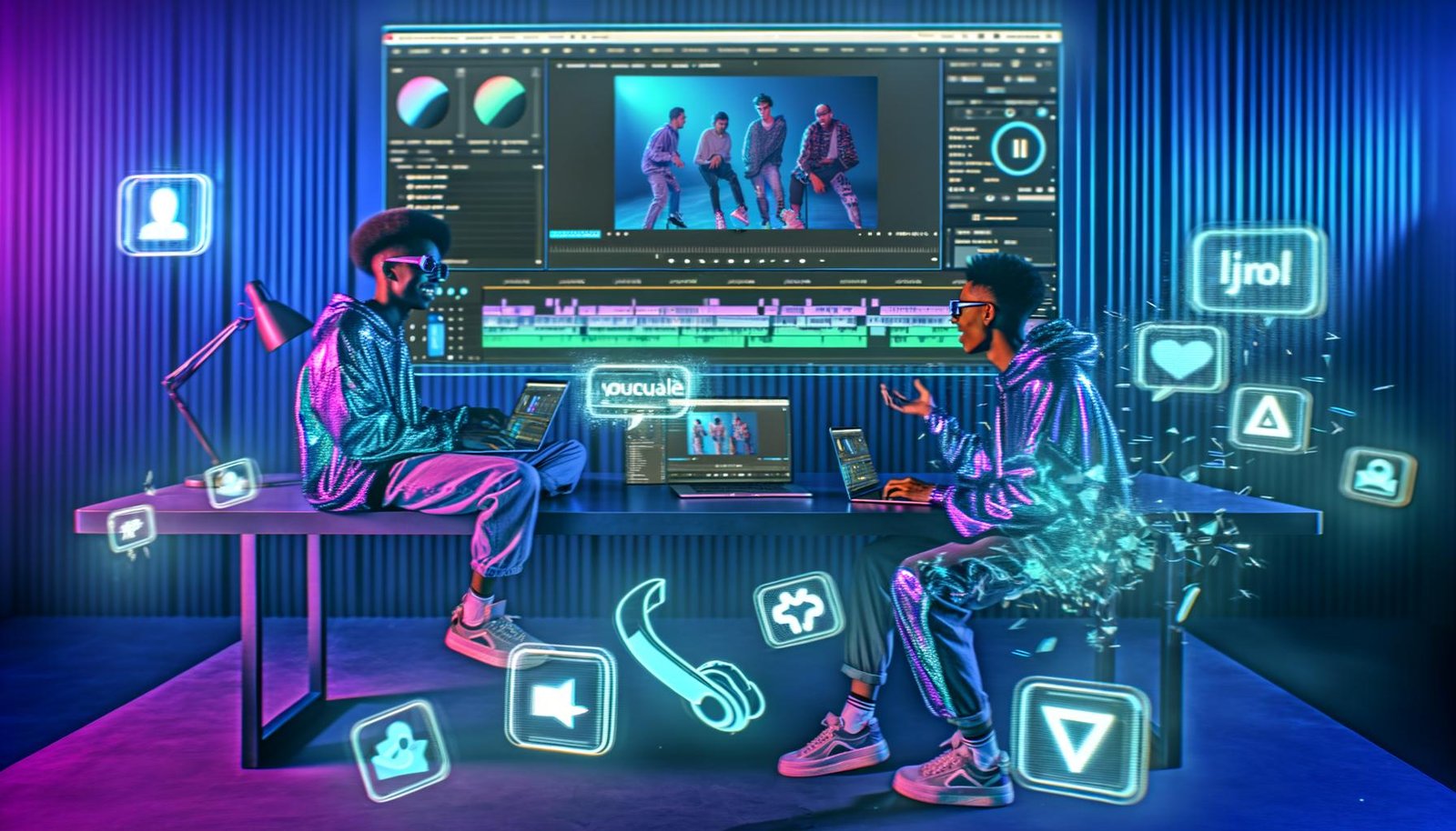 Junge Content Creator in trendiger Streetwear sitzen in einem futuristischen Workspace mit Laptops und Smartphones vor holographischen User-Interfaces, KI-gesteuerten Schnittprogrammen und schwebenden Social-Media-Icons.