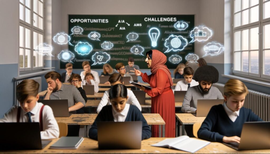 Lehrerin spricht mit Schülergruppe, während andere an Laptops mit ChatGPT arbeiten. An einer deutschen Tafel stehen die Wörter ‚KI‘, ‚Chancen‘ und ‚Herausforderungen‘, im Hintergrund Diagramme zu Datenschutz und Medienkompetenz.