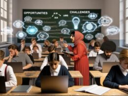 Lehrerin spricht mit Schülergruppe, während andere an Laptops mit ChatGPT arbeiten. An einer deutschen Tafel stehen die Wörter ‚KI‘, ‚Chancen‘ und ‚Herausforderungen‘, im Hintergrund Diagramme zu Datenschutz und Medienkompetenz.