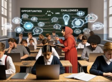 Lehrerin spricht mit Schülergruppe, während andere an Laptops mit ChatGPT arbeiten. An einer deutschen Tafel stehen die Wörter ‚KI‘, ‚Chancen‘ und ‚Herausforderungen‘, im Hintergrund Diagramme zu Datenschutz und Medienkompetenz.