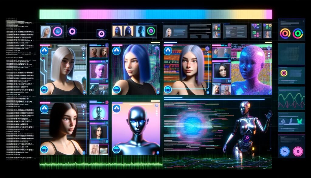 Futuristisches Social-Media-Feed mit realistisch wirkenden KI-Avataren, die in verschiedenen Settings posieren und Markenprodukte vorstellen. Im Hintergrund sind subtile technologische Elemente wie Datenströme und Diagramme sichtbar.