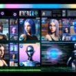 Futuristisches Social-Media-Feed mit realistisch wirkenden KI-Avataren, die in verschiedenen Settings posieren und Markenprodukte vorstellen. Im Hintergrund sind subtile technologische Elemente wie Datenströme und Diagramme sichtbar.