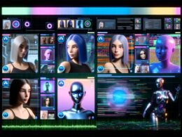 Futuristisches Social-Media-Feed mit realistisch wirkenden KI-Avataren, die in verschiedenen Settings posieren und Markenprodukte vorstellen. Im Hintergrund sind subtile technologische Elemente wie Datenströme und Diagramme sichtbar.