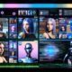 Futuristisches Social-Media-Feed mit realistisch wirkenden KI-Avataren, die in verschiedenen Settings posieren und Markenprodukte vorstellen. Im Hintergrund sind subtile technologische Elemente wie Datenströme und Diagramme sichtbar.