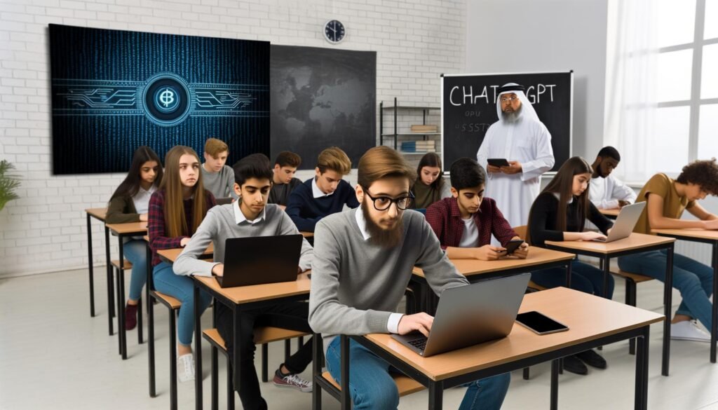 Jugendliche in einem modernen Klassenzimmer arbeiten an digitalen Geräten, ChatGPT wird auf einem großen Bildschirm angezeigt, Lehrkraft beobachtet kritisch und offen, neben Kreide und Overheadprojektor.