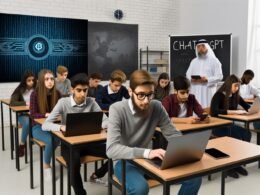 Jugendliche in einem modernen Klassenzimmer arbeiten an digitalen Geräten, ChatGPT wird auf einem großen Bildschirm angezeigt, Lehrkraft beobachtet kritisch und offen, neben Kreide und Overheadprojektor.