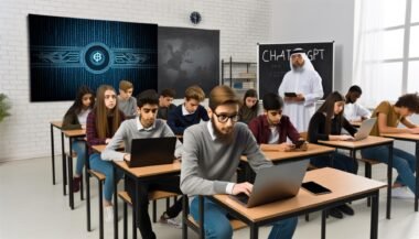 Jugendliche in einem modernen Klassenzimmer arbeiten an digitalen Geräten, ChatGPT wird auf einem großen Bildschirm angezeigt, Lehrkraft beobachtet kritisch und offen, neben Kreide und Overheadprojektor.