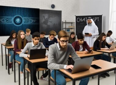 Jugendliche in einem modernen Klassenzimmer arbeiten an digitalen Geräten, ChatGPT wird auf einem großen Bildschirm angezeigt, Lehrkraft beobachtet kritisch und offen, neben Kreide und Overheadprojektor.