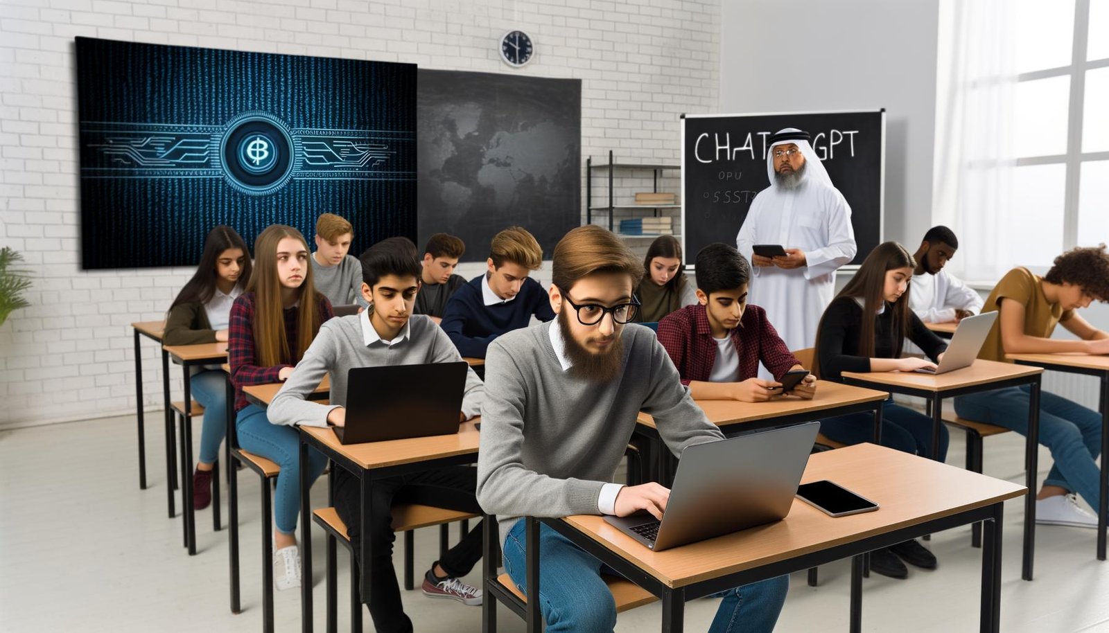Jugendliche in einem modernen Klassenzimmer arbeiten an digitalen Geräten, ChatGPT wird auf einem großen Bildschirm angezeigt, Lehrkraft beobachtet kritisch und offen, neben Kreide und Overheadprojektor.