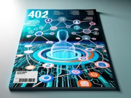 Modernes Magazin-Titelbild mit digitaler Customer Journey: Nutzer-Avatar navigiert durch verknüpfte Touchpoints zwischen Social Media, Website, App, E-Mail und Checkout, unterstützt von Tracking-Icons, Heatmaps und Datensymbolen vor abstrakten Datennetzen.
