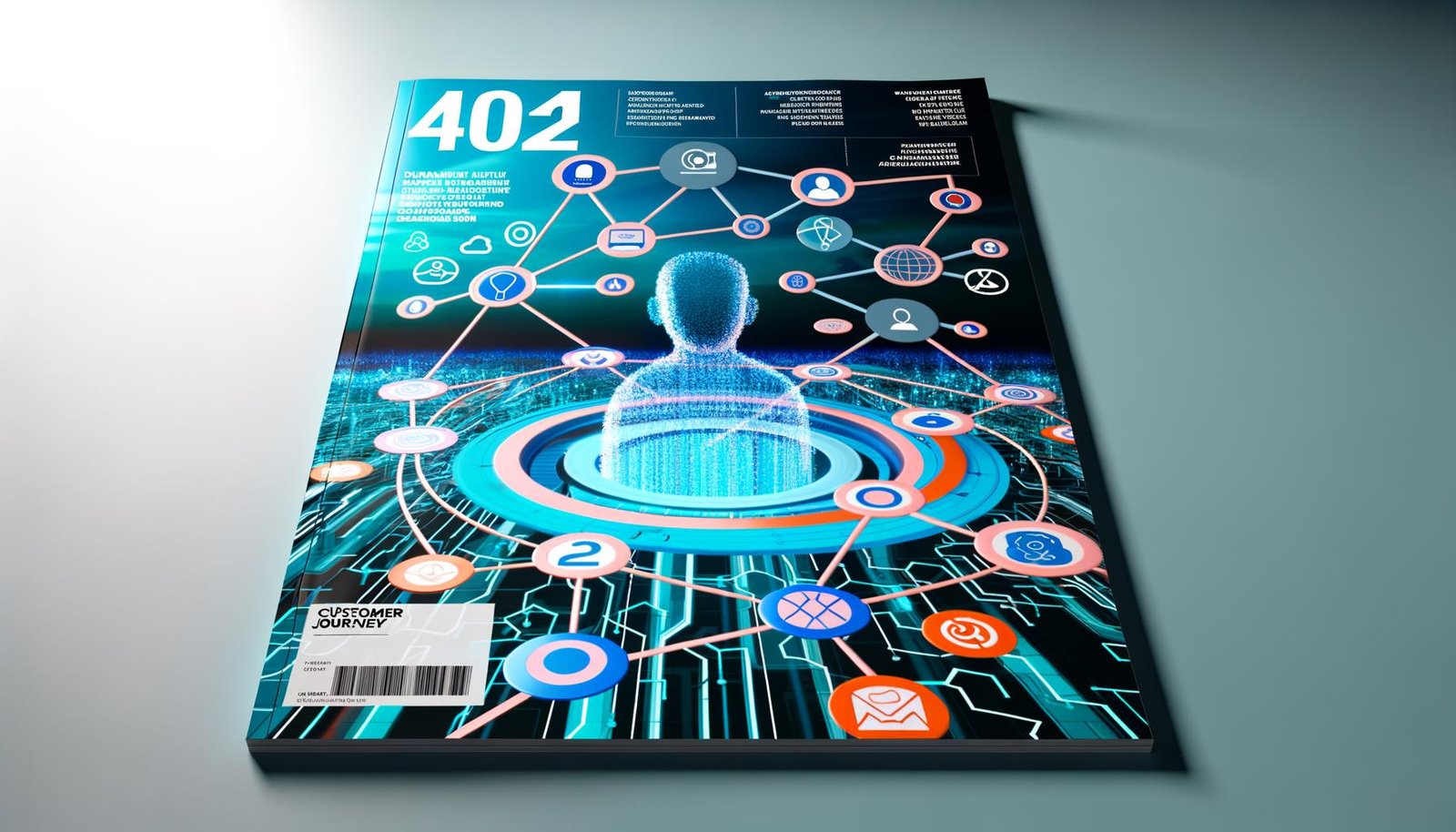 Modernes Magazin-Titelbild mit digitaler Customer Journey: Nutzer-Avatar navigiert durch verknüpfte Touchpoints zwischen Social Media, Website, App, E-Mail und Checkout, unterstützt von Tracking-Icons, Heatmaps und Datensymbolen vor abstrakten Datennetzen.