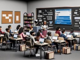 Realistisches Klassenzimmer 2025 mit Schülern an Einzeltischen, Laptops mit ChatGPT, Lehrkraft vor der Tafel mit Begriffen zu KI und Datenschutz, moderne Technik und klassische Unterrichtsmaterialien sichtbar.