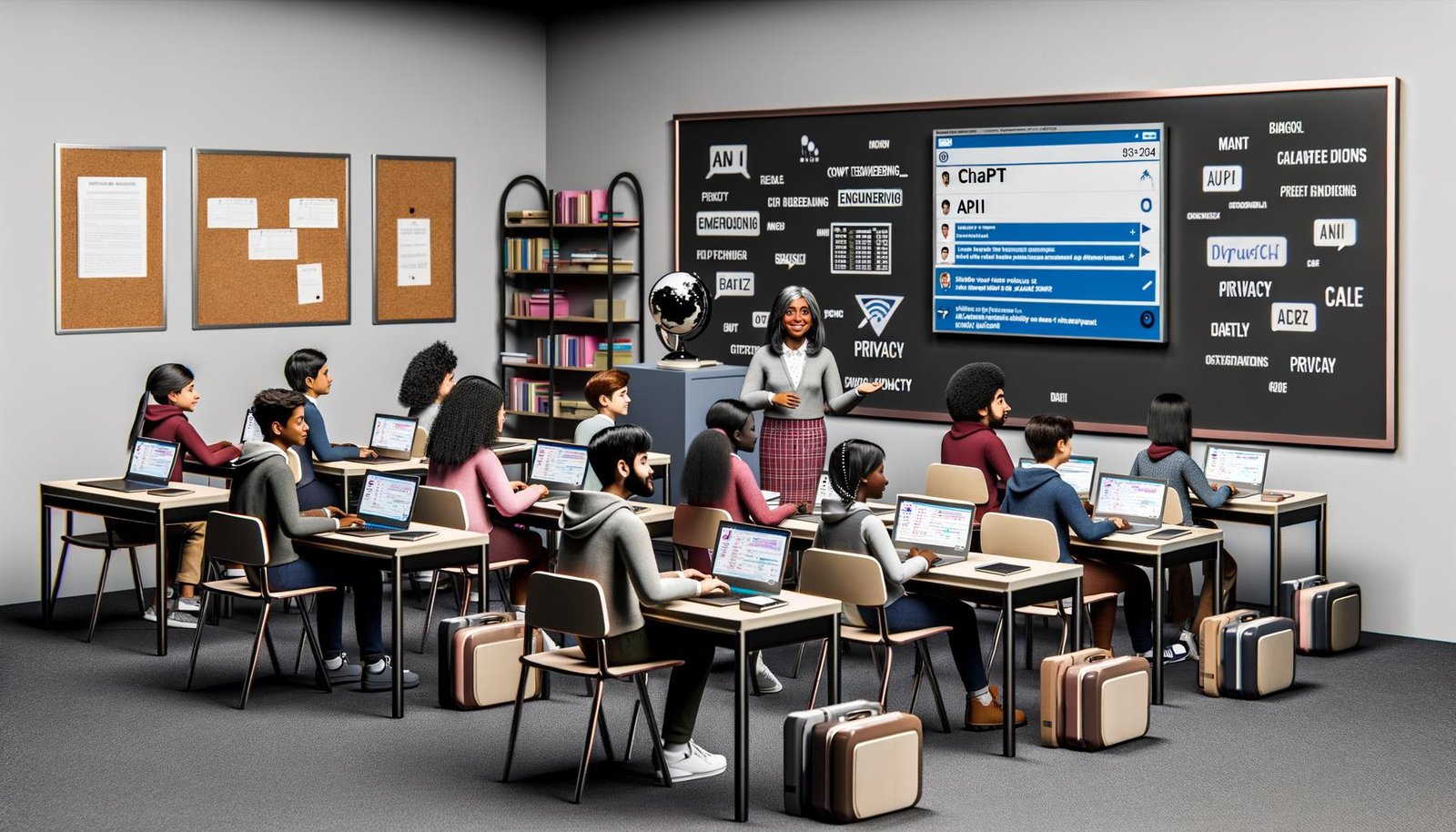 Realistisches Klassenzimmer 2025 mit Schülern an Einzeltischen, Laptops mit ChatGPT, Lehrkraft vor der Tafel mit Begriffen zu KI und Datenschutz, moderne Technik und klassische Unterrichtsmaterialien sichtbar.