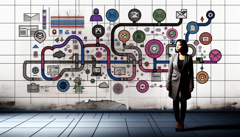 Person im Business-Casual-Look betrachtet digitalen, fragmentierten Customer Journey Workflow mit Netzwerk aus bunten Touchpoints; im Hintergrund veraltete Marketing-Symbole wie Faxgerät und linearer Funnel.