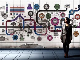 Person im Business-Casual-Look betrachtet digitalen, fragmentierten Customer Journey Workflow mit Netzwerk aus bunten Touchpoints; im Hintergrund veraltete Marketing-Symbole wie Faxgerät und linearer Funnel.