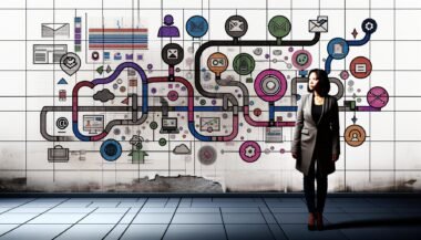 Person im Business-Casual-Look betrachtet digitalen, fragmentierten Customer Journey Workflow mit Netzwerk aus bunten Touchpoints; im Hintergrund veraltete Marketing-Symbole wie Faxgerät und linearer Funnel.