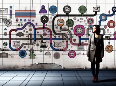 Person im Business-Casual-Look betrachtet digitalen, fragmentierten Customer Journey Workflow mit Netzwerk aus bunten Touchpoints; im Hintergrund veraltete Marketing-Symbole wie Faxgerät und linearer Funnel.
