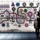 Person im Business-Casual-Look betrachtet digitalen, fragmentierten Customer Journey Workflow mit Netzwerk aus bunten Touchpoints; im Hintergrund veraltete Marketing-Symbole wie Faxgerät und linearer Funnel.