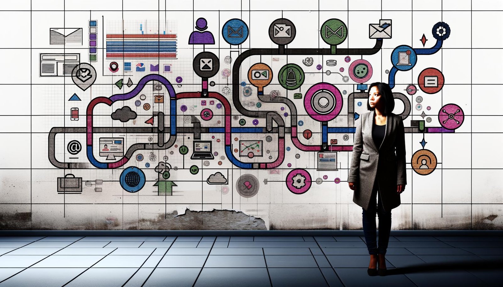 Person im Business-Casual-Look betrachtet digitalen, fragmentierten Customer Journey Workflow mit Netzwerk aus bunten Touchpoints; im Hintergrund veraltete Marketing-Symbole wie Faxgerät und linearer Funnel.