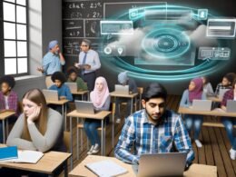Schulklasse mit Schülern an Laptops, ChatGPT-Hologramm in der Mitte, Lehrer und Schulleiter tauschen sich an der Kreidetafel aus, modernes und traditionelles Lernen vereint.