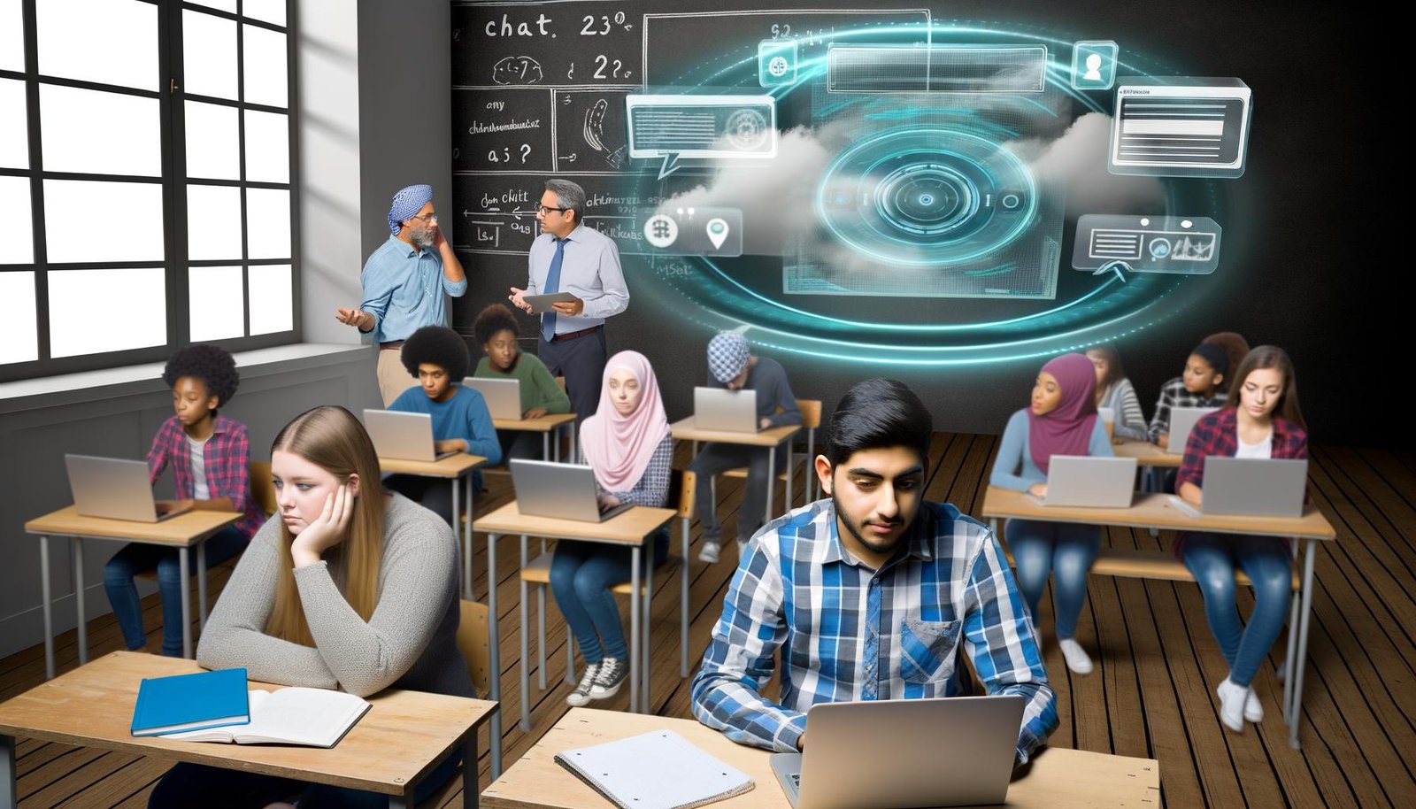 Schulklasse mit Schülern an Laptops, ChatGPT-Hologramm in der Mitte, Lehrer und Schulleiter tauschen sich an der Kreidetafel aus, modernes und traditionelles Lernen vereint.