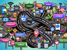 Illustration einer chaotischen digitalen Customer Journey als verschlungene Straßenkarte mit überfüllten Wegen, Geräten, Werbebannern, VR-Brillen und Social-Media-Icons rund um ein zentrales Navigationsgerät, das an Blockaden scheitert.