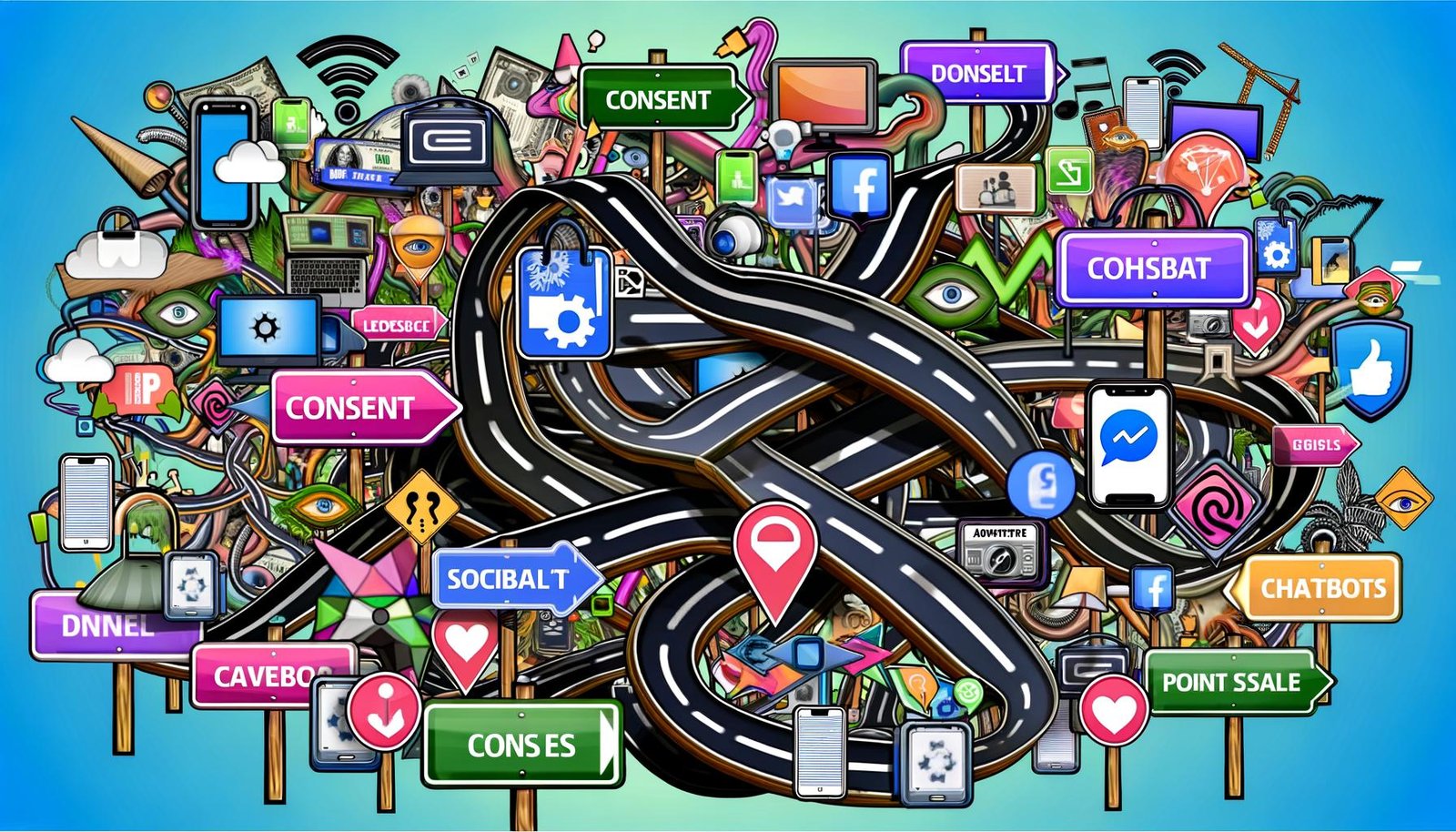 Illustration einer chaotischen digitalen Customer Journey als verschlungene Straßenkarte mit überfüllten Wegen, Geräten, Werbebannern, VR-Brillen und Social-Media-Icons rund um ein zentrales Navigationsgerät, das an Blockaden scheitert.