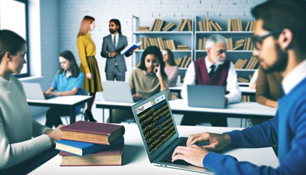 Schüler im modernen Klassenzimmer arbeiten an Laptops, im Hintergrund verstauben alte Schulbücher; ein Schüler nutzt heimlich ChatGPT, Lehrkräfte besprechen sich.