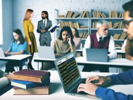 Schüler im modernen Klassenzimmer arbeiten an Laptops, im Hintergrund verstauben alte Schulbücher; ein Schüler nutzt heimlich ChatGPT, Lehrkräfte besprechen sich.