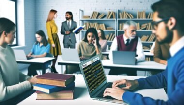 Schüler im modernen Klassenzimmer arbeiten an Laptops, im Hintergrund verstauben alte Schulbücher; ein Schüler nutzt heimlich ChatGPT, Lehrkräfte besprechen sich.