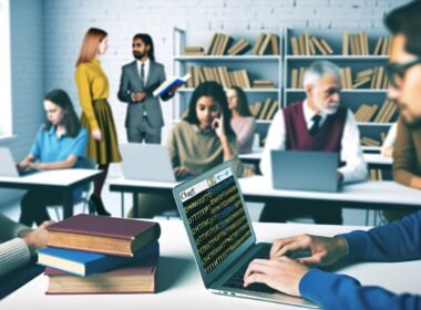 Schüler im modernen Klassenzimmer arbeiten an Laptops, im Hintergrund verstauben alte Schulbücher; ein Schüler nutzt heimlich ChatGPT, Lehrkräfte besprechen sich.