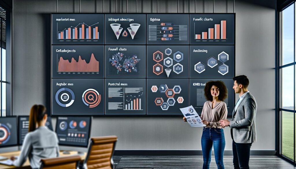 Marketing-Expertin und Data-Analyst besprechen Zielsetzungen vor großen Monitoren mit modernen Marketing-Dashboards in einem modernen Büro.