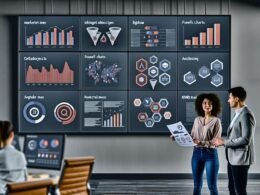 Marketing-Expertin und Data-Analyst besprechen Zielsetzungen vor großen Monitoren mit modernen Marketing-Dashboards in einem modernen Büro.