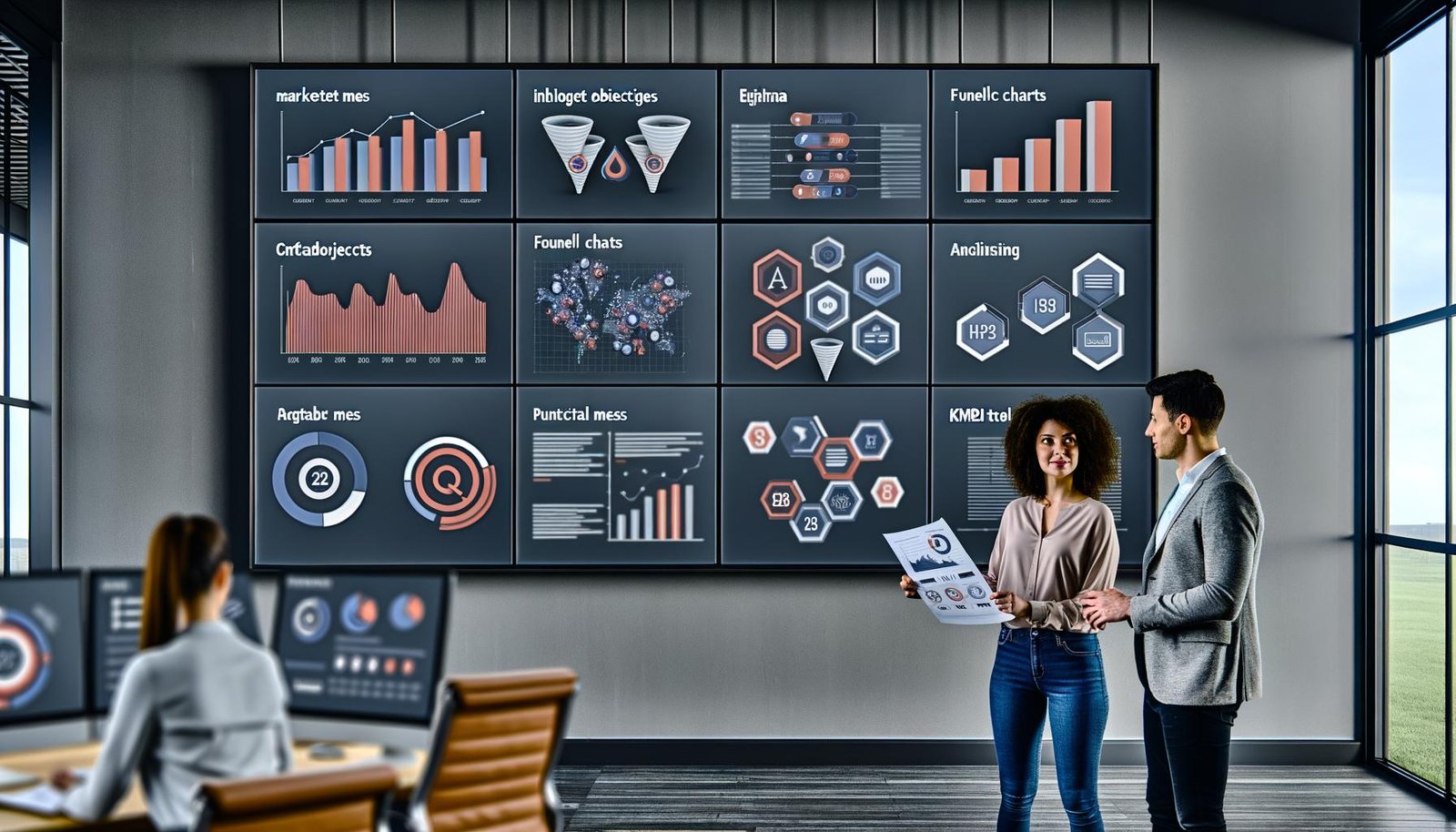 Marketing-Expertin und Data-Analyst besprechen Zielsetzungen vor großen Monitoren mit modernen Marketing-Dashboards in einem modernen Büro.