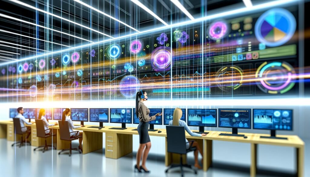 Junge Marketerin mit Headset vor wandgroßem Display im futuristischen Büro, umgeben von Echtzeit-Datenvisualisierungen und vernetzten Informationsquellen.