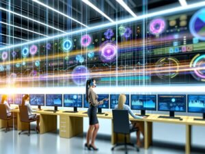 Junge Marketerin mit Headset vor wandgroßem Display im futuristischen Büro, umgeben von Echtzeit-Datenvisualisierungen und vernetzten Informationsquellen.