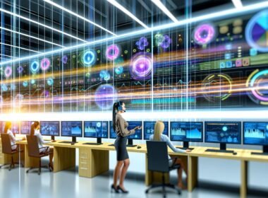 Junge Marketerin mit Headset vor wandgroßem Display im futuristischen Büro, umgeben von Echtzeit-Datenvisualisierungen und vernetzten Informationsquellen.